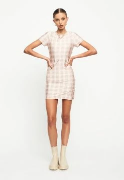 Lioness US Shopify BRENTWOOD MINI DRESS - BEIGE PLAID -Lioness Sales Shop LD88 689 1YELLOWFLORAL1