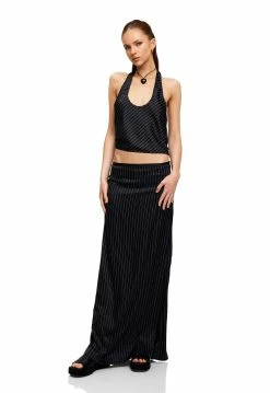 Lioness US Shopify HUDSON SATIN MAXI SKIRT - BLACK PINSTRIPE -Lioness Sales Shop LT88 772 1 BLACK PINSTRIPE LB88 519 1 BLACK PINSTRIPE 7